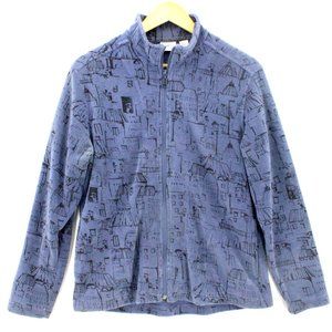 Vintage Spa by Chico's Fleece Jacket Women's Casual Blue All Over Print Size 1"